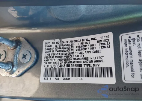 2011 Honda Cr-V Lx from USA, damaged, VIN 5J6RE4H31BL026598